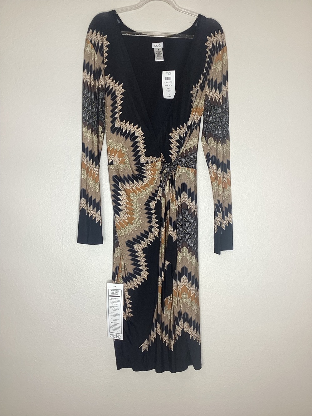 Cache NEW Faux Wrap Dress Chevron Print Black Brown NWT Med